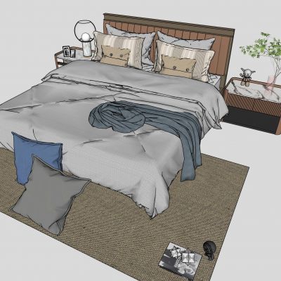 现代双人床，床头柜，抱枕，饰品