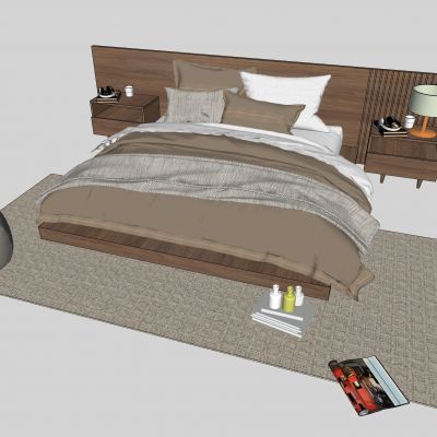 现代双人床，床头柜，台灯