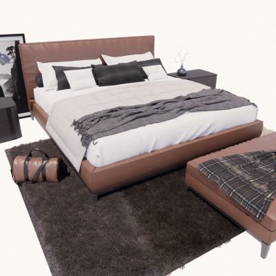 现代双人床，床头柜，台灯，床尾凳床品