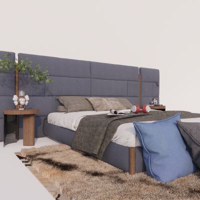 现代双人床，床头柜，抱枕，饰品