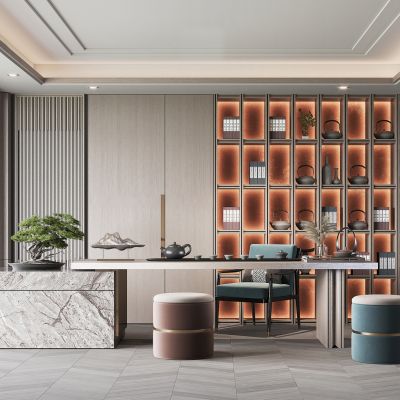 新中式家居茶室 茶桌椅 矮凳 松树盆栽 茶具组合