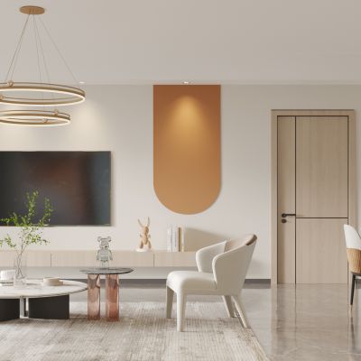 现代客餐厅，沙发茶几组合，餐桌椅组合，吊灯，工艺品摆件，鞋柜，酒柜，洗衣机柜