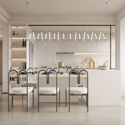 现代客餐厅，中岛餐桌椅组合，酒柜，橱柜
