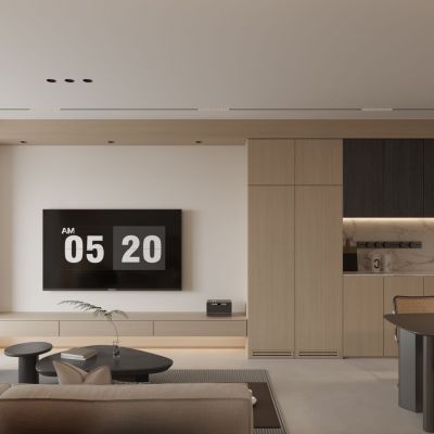 现代客餐厅，沙发茶几组，餐桌椅组合，鞋柜，酒柜，卧室