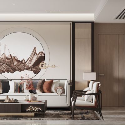 新中式客餐厅，沙发茶几组，餐桌椅组合，吊灯，酒柜