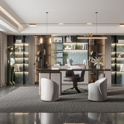 现代书房,现代简洁书房,书房材质灯光齐全,书房效果图,新中式书桌书房