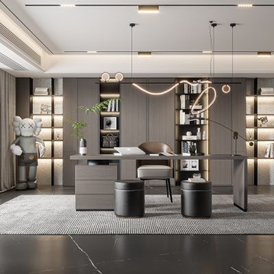 现代书房,现代简洁书房,书房材质灯光齐全,书房效果图,新中式书桌书房