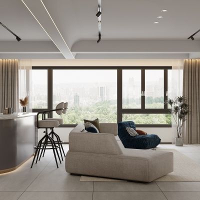 现代客餐厅，沙发茶几组合，餐桌椅组合，酒柜，吧台椅组合