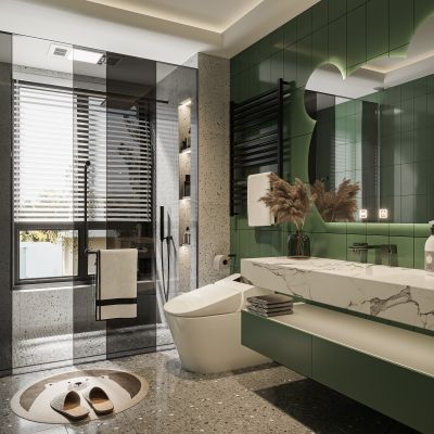 现代卫生间,现代时尚卫生间,卫生间隔断,卫生间想要干湿分离，浴室柜，花洒，马桶