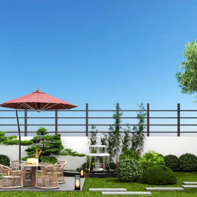 现代别墅庭院，竹子，盆栽，花，大树，松树，水景，休闲桌椅，秋千