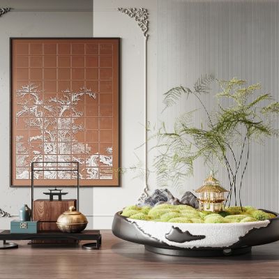 新中式绿植盆景茶叶盒挂画摆件