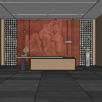 新中式服务台_前台_接待台_镂空水泥砖墙_背景墙_小吊灯_盆景盆栽