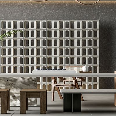现代家居茶室_茶桌椅_茶具_矮凳长凳_水泥砖隔断_吊灯_壁炉柴火堆_陶罐