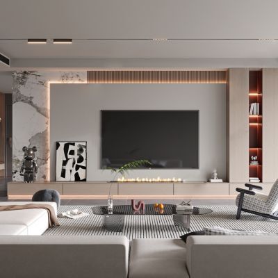 现代客厅，沙发茶几组合，摆件