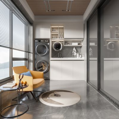 现代阳台,阳台窗帘,阳台洗衣房,阳台休闲椅，洗衣机，烘干机，壁挂洗衣机，晾衣架