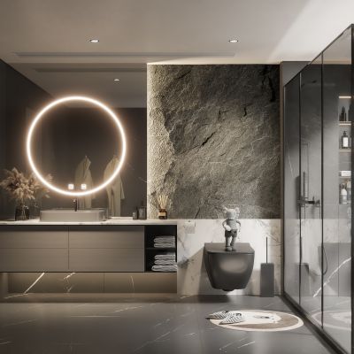 现代卫生间,卫生间隔断，马桶，淋浴，浴室柜，镜子