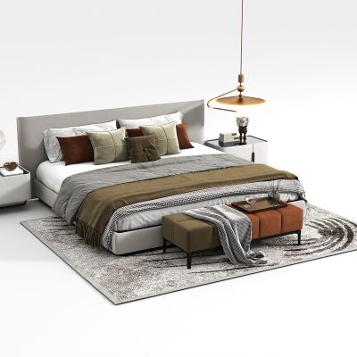 双人床组合，床榻，床头柜，小吊灯