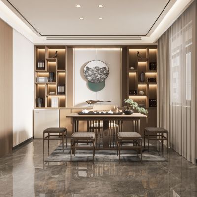 新中式茶室，茶桌椅组合，茶架