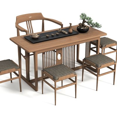 新中式茶桌椅组合，茶具，松树盆栽