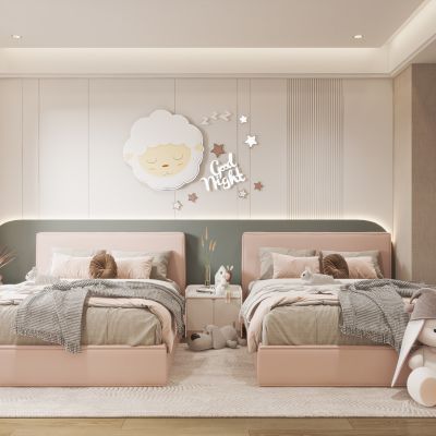 现代儿童房，单人床，玩具，帐篷