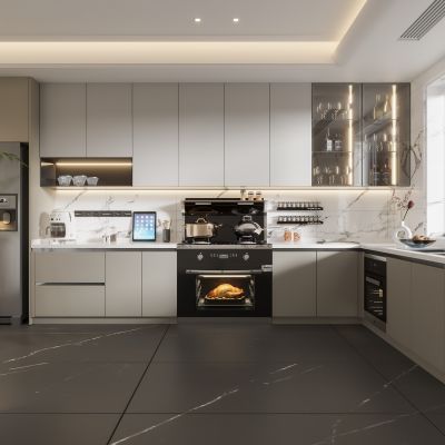 现代厨房,厨房电器,厨房橱柜,厨房冰箱,抽拉龙头，碗碟、集成灶，烤箱