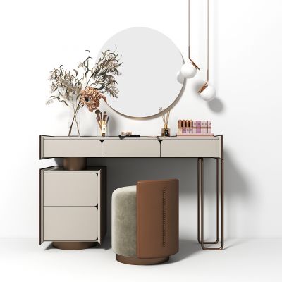 现代梳妆台组合，小吊灯，植物，化妆品