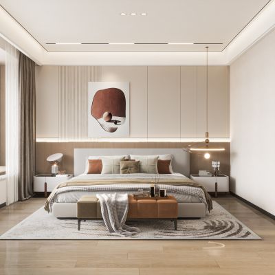 现代卧室，双人床一套，画，床头背景