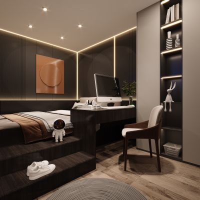 现代卧室，轻奢卧室，卧室，床，柜子