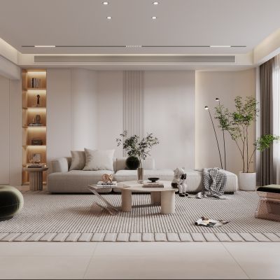 现代复式客餐厅，现代沙发茶几组合，中岛餐桌椅组合，酒柜，橱柜，楼梯及小品