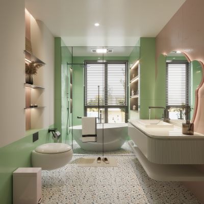 现代卫生间,玻璃隔断,粉色主题卫生间，浴缸，马桶，浴室柜，造型镜子