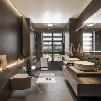 现代卫生间,现代时尚卫生间,卫生间想要干湿分离，玻璃隔断，壁挂马桶，双盆浴室柜