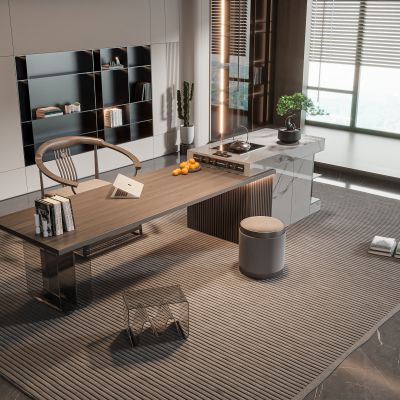 现代书房,新中式书房,现代简洁书房，岛台书桌，茶桌