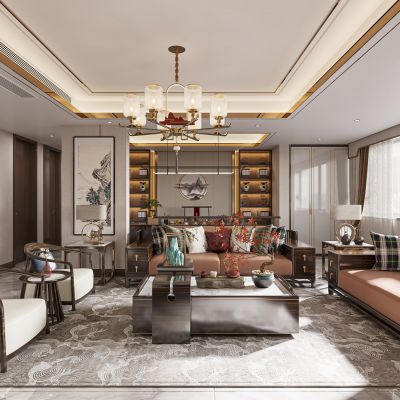 新中式客餐厅，沙发茶几组合，餐桌椅组合，酒柜，电视背景