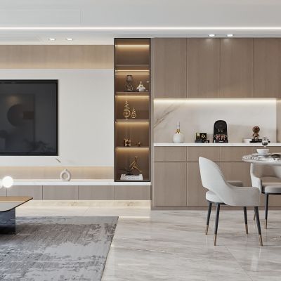 现代客餐厅，沙发茶几组合，餐桌椅组合，酒柜，电视背景