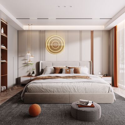 现代卧室，轻奢卧室，卧室，床，衣柜