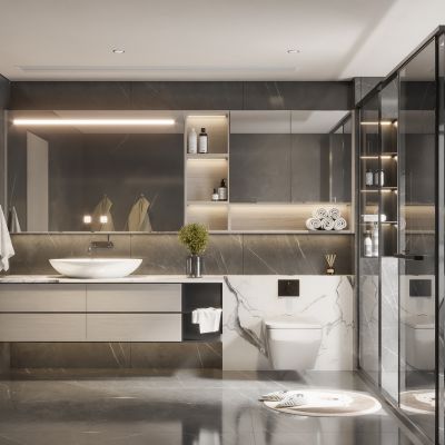 现代卫生间，马桶，花洒，浴室柜，洗脸盆，浴缸,淋浴房,坐便器,卫生间摆件