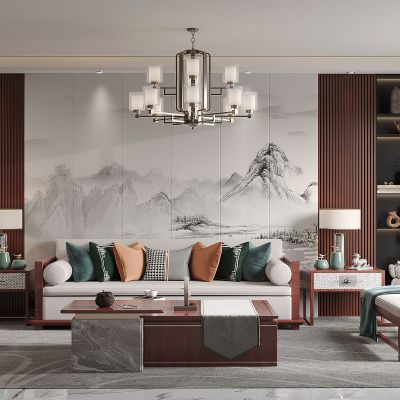 中式客厅,红木茶几沙发组合,山水画背景墙,中式吊灯,台灯3d模型