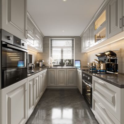 欧式厨房,厨房设备，洗菜盆，集成灶，烤箱，电器