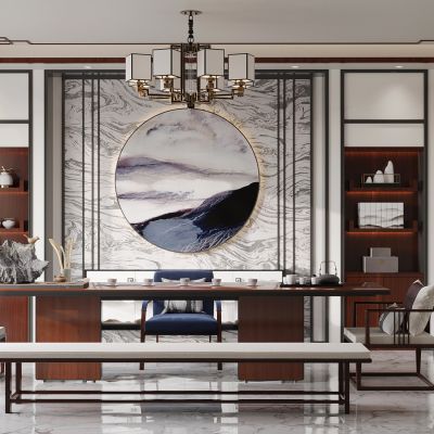 新中式茶室,红木茶桌椅子组合,大理石背景墙,中式吊灯,盆景,茶具组合,瓷瓶摆件,假石摆件,茶壶茶杯,玉石摆件