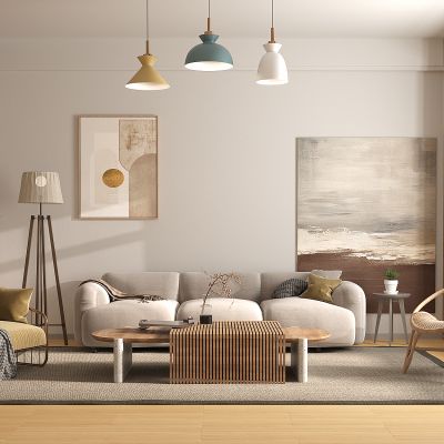 北欧客厅,原木风,沙发茶几组合,盆栽,挂画,台灯,摆件,单人沙发,编制凳,原木酒柜