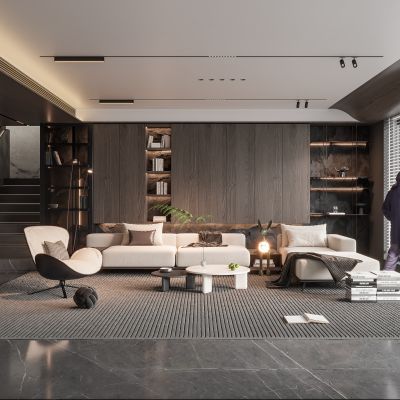 现代客厅,简约客厅，无主灯客厅，楼梯，沙发，饰品摆件