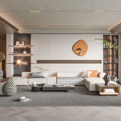 现代极简别墅客厅 沙发茶几 旋转楼梯