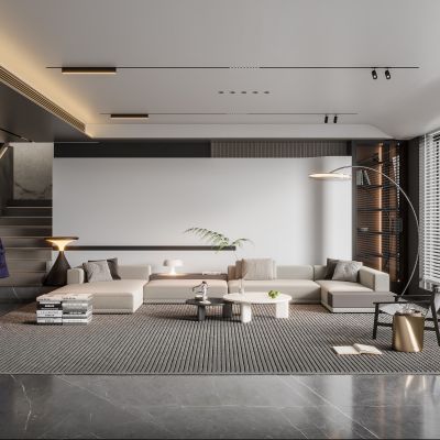 现代客厅,简约客厅，无主灯客厅，楼梯，沙发，饰品摆件