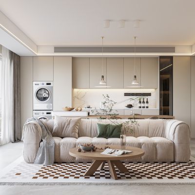 现代客餐厅，沙发茶几组合，餐桌椅组合，橱柜