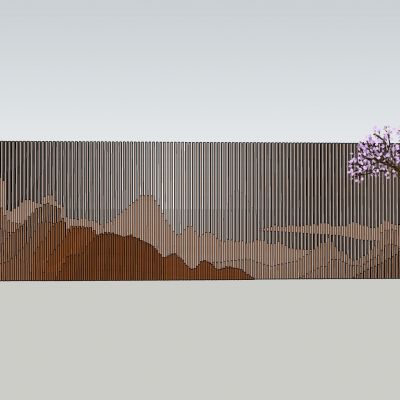 中式山水屏风+中式草坪灯+粉色花树3D模型