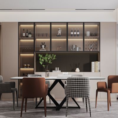 现代客餐厅，沙发茶几组合，餐桌椅组合，酒柜