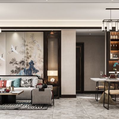 新中式客餐厅，沙发茶几组合 ，餐桌椅组合