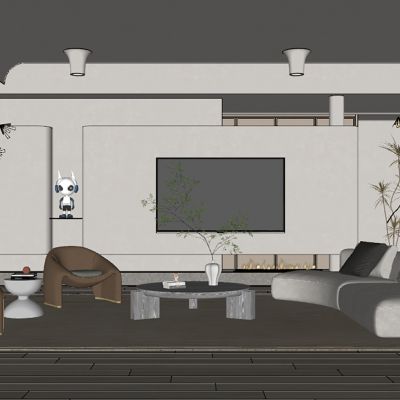 现代客厅SU,沙发茶几组合，工艺品摆件