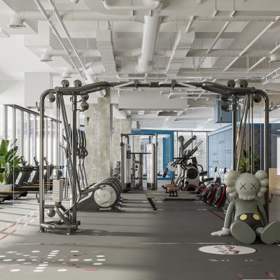 现代健身房,健身器械,卧推架,跑步机,哑铃,杠铃,动感单车3D模型