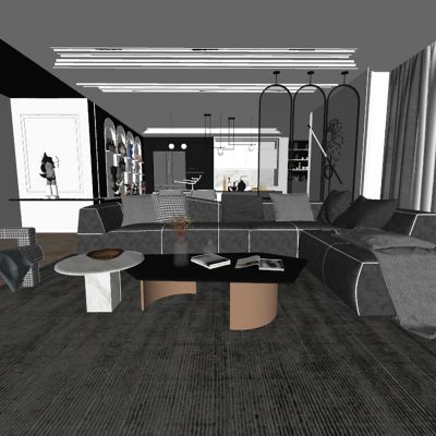 现代客餐厅su，沙发茶几组合，餐桌椅组合